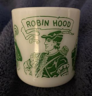 Vintage Hazel Atlas Robin Hood Milk Glass Coffee Tea Mug Cup D Handle Green 6oz