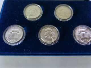 5 Ben Franklin,  61p,  62p&d,  63p&d Silver Half Dollars Uncircuated In,  Case