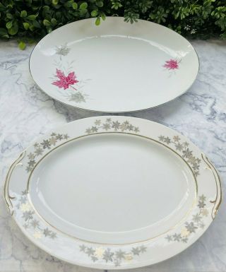 2 Vintage China White 12 " Oval Serving Platters In Leaf Theme Made In Japan