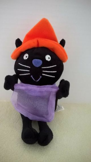 Hallmark Plush Stuffed Black Cat With Orange Hat Holding A Treat Bag 6 Inches