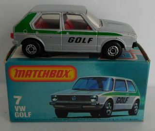 Matchbox Superfast Series 7C Volkswagen Golf Silver / Green Stripe and Golf 2