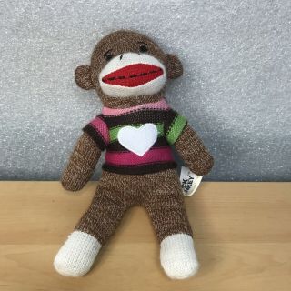 Dan Dee Sock Monkey Brown Pink Green Striped Sweater White Heart 9 " Plush