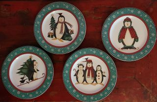 Set Of 4 Sakura Debbie Mumm Penguins Salad Plates Christmas Holiday Plate