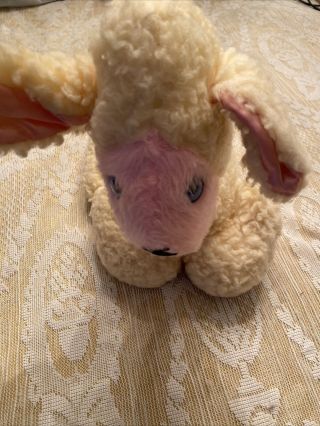 Vintage Elka Toys Usa Made Stuffed Plush Lamb Wooly Pink White Blue Eyes Easter
