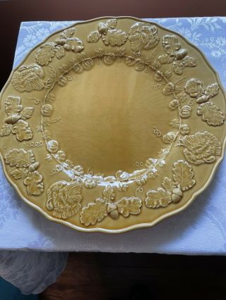 Vintage Bordallo Pinheiro Acorn Turkeys 13 1/2 " Platter Gold Color Thanksgiving