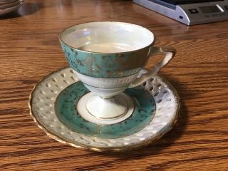 Vintage Japan Footed Cup And Ornate Saucer White Luster Blue Green Gold Gilt