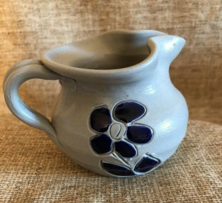 Williamsburg Salt Glaze Pottery Small Pitcher/ Creamer Cobalt Blue Flower 2.  5”