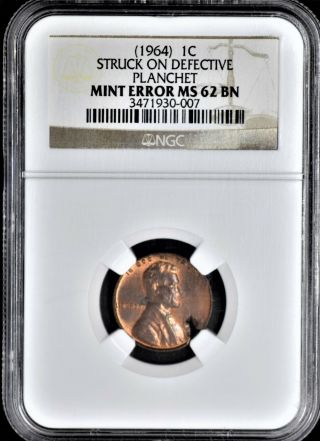 1964 Lincoln Memorial Cent Struck On Defective Planchet Ngc Ms 62 Bn
