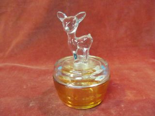 Vtg Jeanette Marigold Carnival Glass Deer Fawn Lid Covered Candy Dish Powder Jar