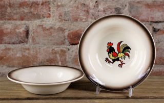 Two Vintage Metlox Poppytrail Red Rooster Brown Trim Fruit Dessert Bowls 6 "