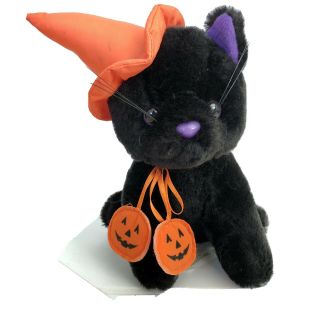 8” Plush Black Cat With Orange Witch Hat,  Pumpkins Halloween
