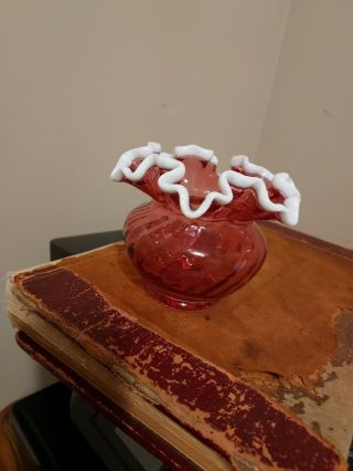 Vintage Cranberry Glass Vase With White Ruffled Rim