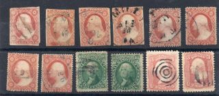 18 Us 19th Century Stamps.  Sc 11 (4),  26 (4),  68 (2),  65 (4),  73,  94 (3)