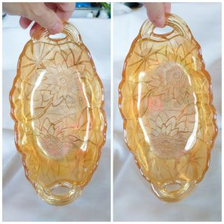 1 Vintage Amber Gold Opalescent Glass Oval Sunflower Bowl Relish Nut Candy Dish