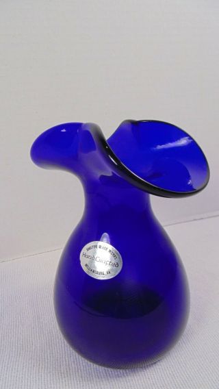 Shelton Glass Blown Glass Cobalt Blue Vase Ruffled Edge 5 1/4 " Euc