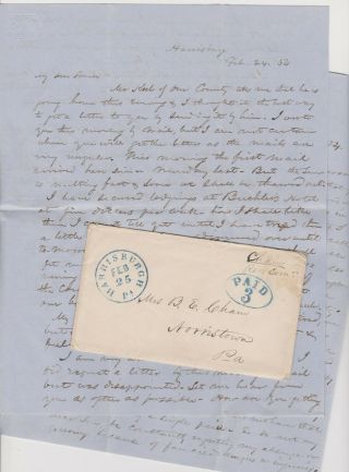 1854 Harrisburg Pa Stampless Cover W/ 2 Letters Benj Chain To Wife Good Content
