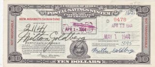 $10 Series Of 1939 Postal Savings System Certificate Paid Boston Ma W5065 Au - Un