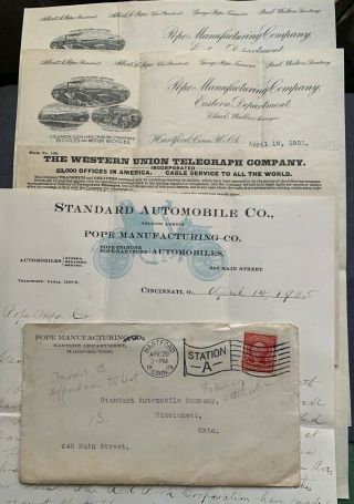 1905 Pope Auto Car Ad Letters,  Stamp Cover,  Telegram Standard Automobile Co
