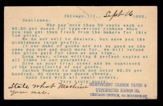 Chicago Independent Carbon Paper & Typewriter Ribbon Co 1892 Postal Card 8n 2