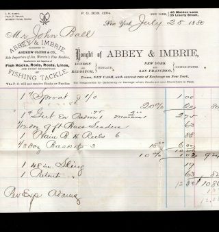 Auxiliary Abbey & Imbrie Fish Hooks Rods Reels Lines Billhead Ny July 1880 4d