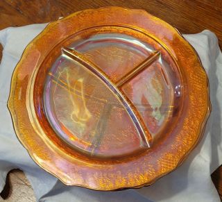 Set Of 3 Vintage Marigold Carnival Glass 11 " Divided Dinner Plates Floral