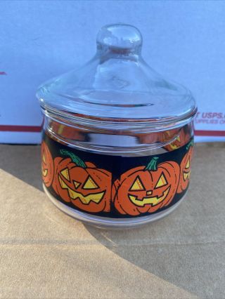Vintage Indiana Glass Co.  Halloween Candy Snack Jar Pumpkins Jack - O - Lanterns