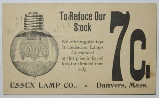 Essex Lamp Co.  Danvers,  Ma.  7c Incandescent Lamps,  Bulbs,  1908 1c Ux Postal Card