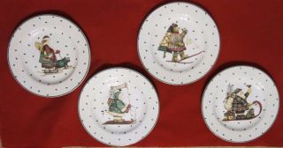 Set Of Four (4) Debbie Mumm Sledding Characters Salad Plates By Sakura - Euc