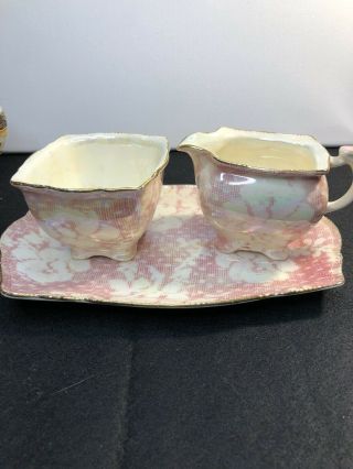 Vintage Royal Winton Creamer And Gugar With Dish Gold Trim Pink