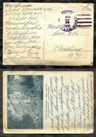 P593 - Usa Ww2 1945 Apo 305 Czechoslovakia Postcard To Flushing Ny.  Major Braun