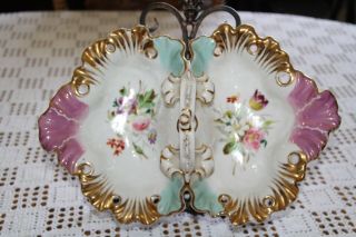 Vintage/very Old Hand Painted Porcelain Two - Sided Serving Dish W/handle Flowers