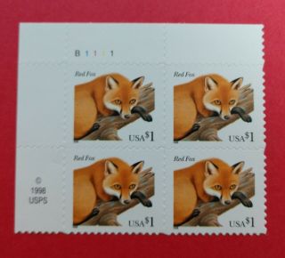 Scott 3036 Red Fox Plate Block Of 4 Us Mnh $1 Stamps Start@just $25.  00 Scarce