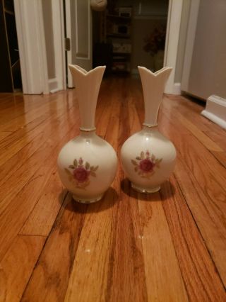 Lenox Roselyn Rhodora Cream Double Bud Vases W/rose And Gold Leaves Trim 8 " Vtg.