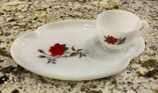 Vtg 1970s Rosecrest By Federal Glass Red Rose Snack Plate & Cup Set