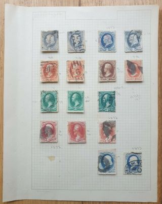1870s US classic Banknote stamps on album pages,  from 1c to 30c 2