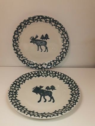 Folk Craft Moose Country Tienshan Set Of 2 Dinner Plates 10 1/2 " Green Sponge Bm