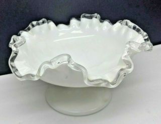 Vintage Fenton White Silver Crest Footed Ruffled Bowl
