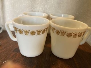 4 Pyrex Butterfly Gold Coffee Mugs Cups D Handle Corning Corelle Vintage