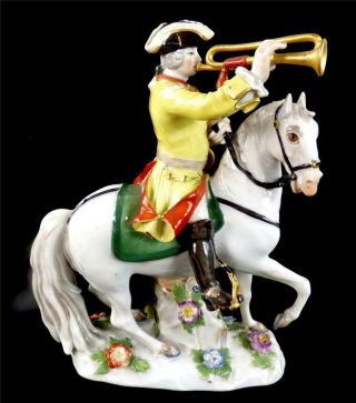 N 016 Meissen Porcelain Figure Of A Saxon Soldier On Horse With Trumpet