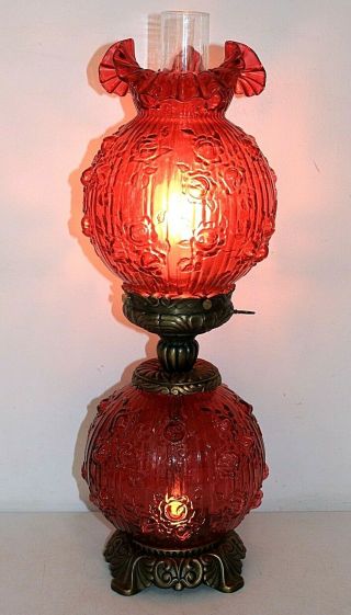 Large Vintage Fenton Cranberry Glass Gwtw Cabbage Rose 3 - Way Hurricane Lamp