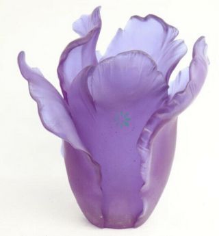 Daum France Pate De Verre Tulip Art Glass Vase Blue Violet Heavy 13” W Box