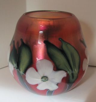 Charles Lotton,  Selenium Red W/ Multi Flora Split Leaf Vase,  Signed & Dated