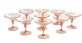 9 Venetian Champagne Goblets,  Circa 1950.  Pink And Gold Fleck Accents