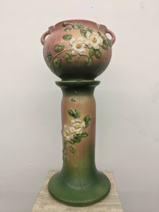 Vtg Roseville Pottery White Rose Pink/green Jardiniere Pedestal Planter 653 - 7