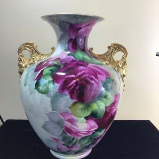Antique 12 In Large American Belleek Hand Painted Rose Cherub Handle Vase