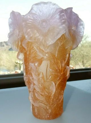 Daum France Crystal Hibiscus Pink/amber Pate De Verre Signed 7 " Tall