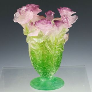 Daum France Crystal Glass Pate De Verre 7” Vase Pink Roses Green Leafs Signed