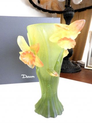Daum Pate De Verre Glass Daffodil Vase Jonquil France - / Box