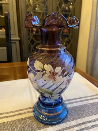 Fenton Artist Signed Mulberry & Blue Vase