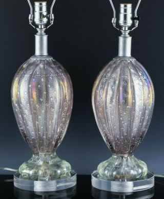 Large Pair Mcm Murano Italian Art Glass Silver Flake Table Lamps Barovier & Toso